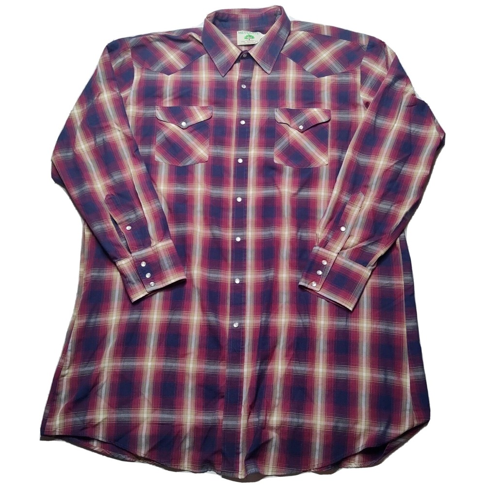 VTG MESQUITE NIVER WESTERN WEAR Men 18.5 X‎ 36 Burgundy Plaid Pearl Snap Shirt